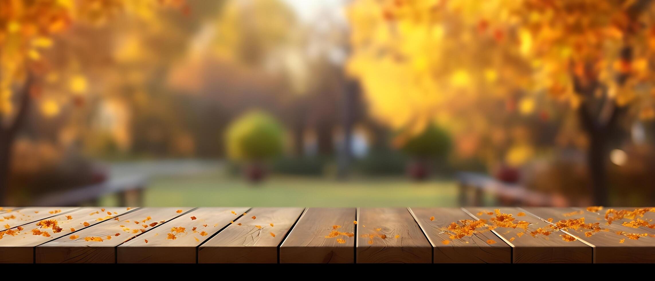 Empty Wooden table in garden of fall time. photo
