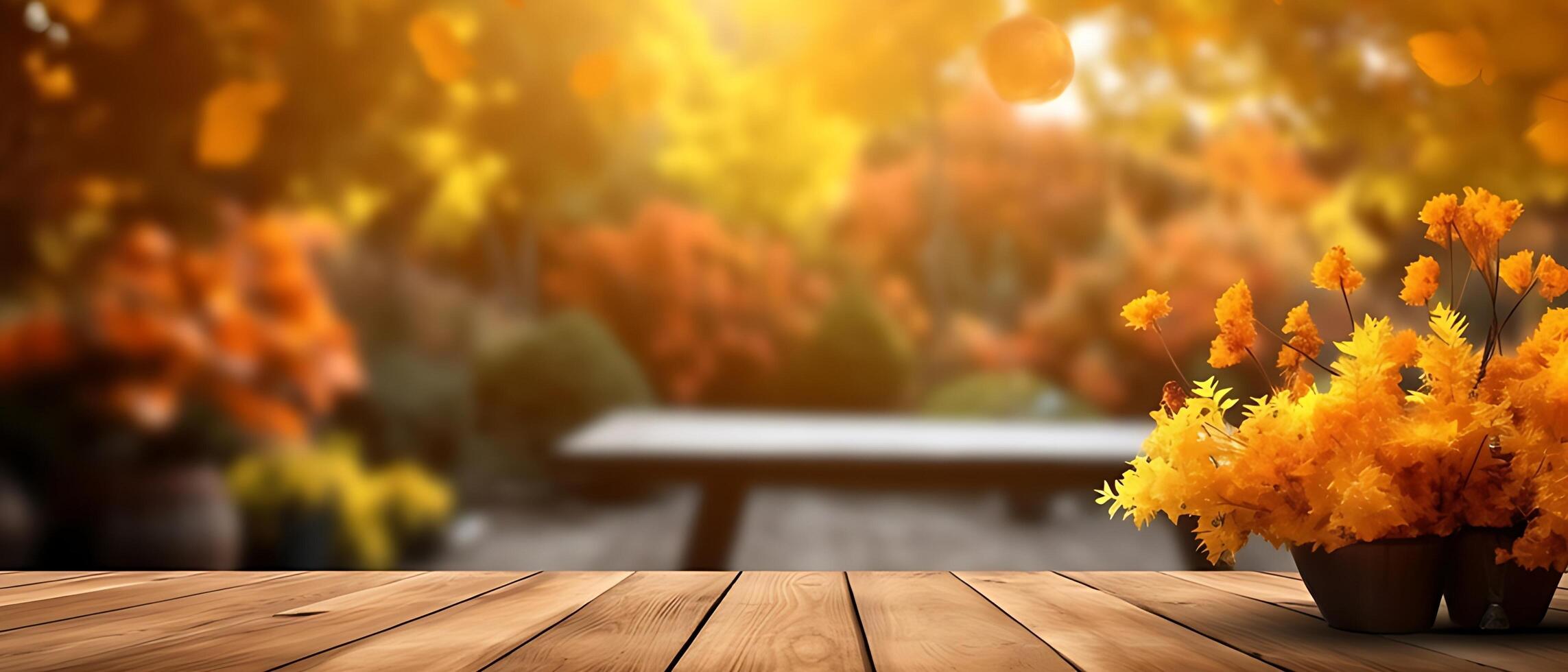 Empty Wooden table in garden of fall time. photo