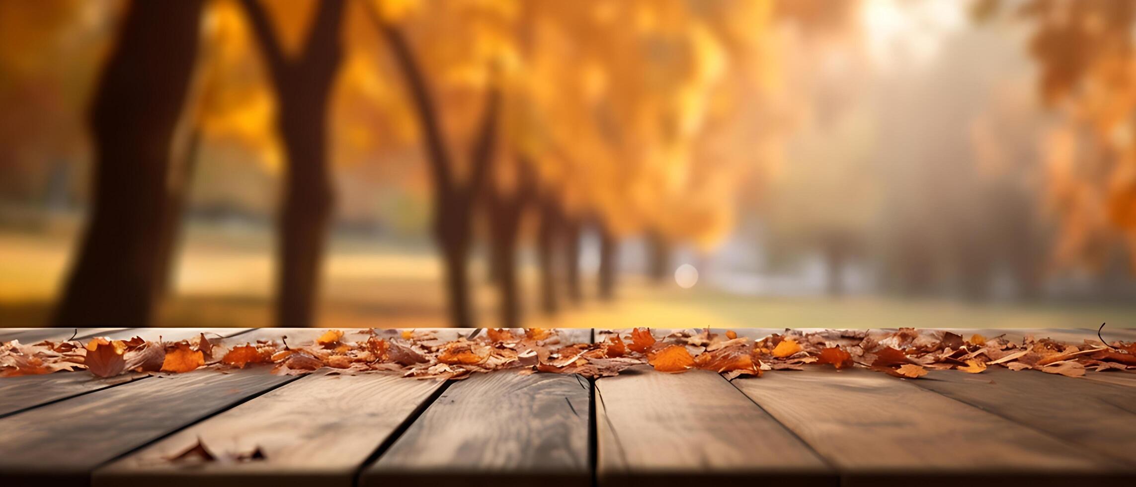 Empty Wooden table in garden of fall time. photo