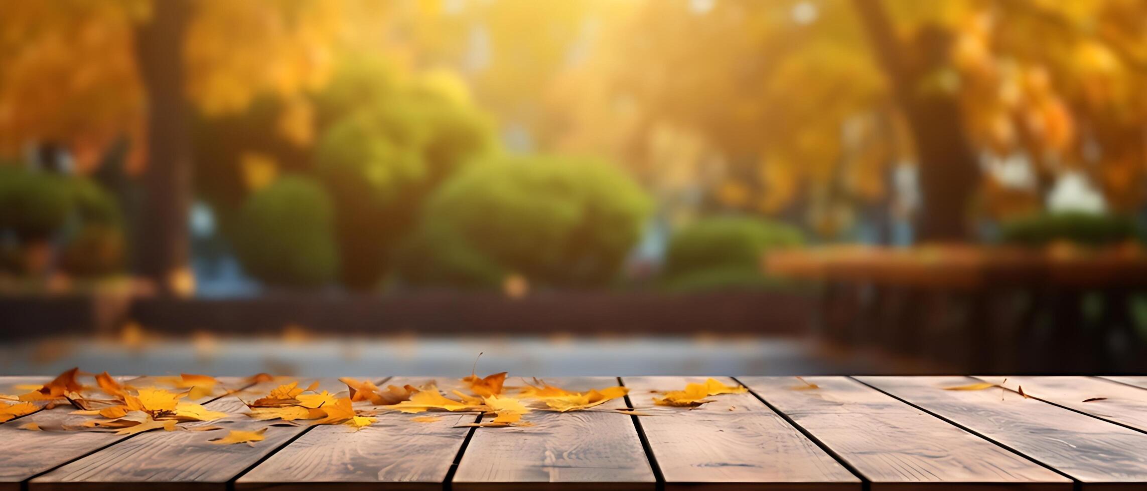 Empty Wooden table in garden of fall time. photo