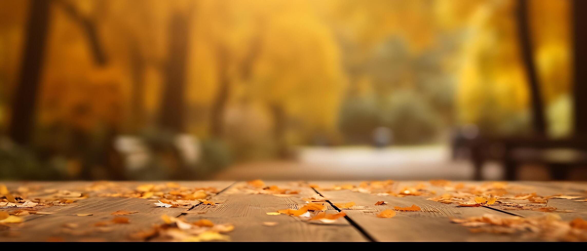 Empty Wooden table in garden of fall time. photo