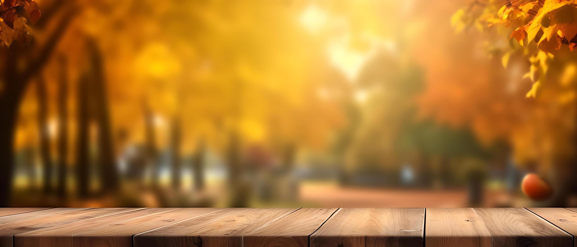 Empty Wooden table in garden of fall time. photo