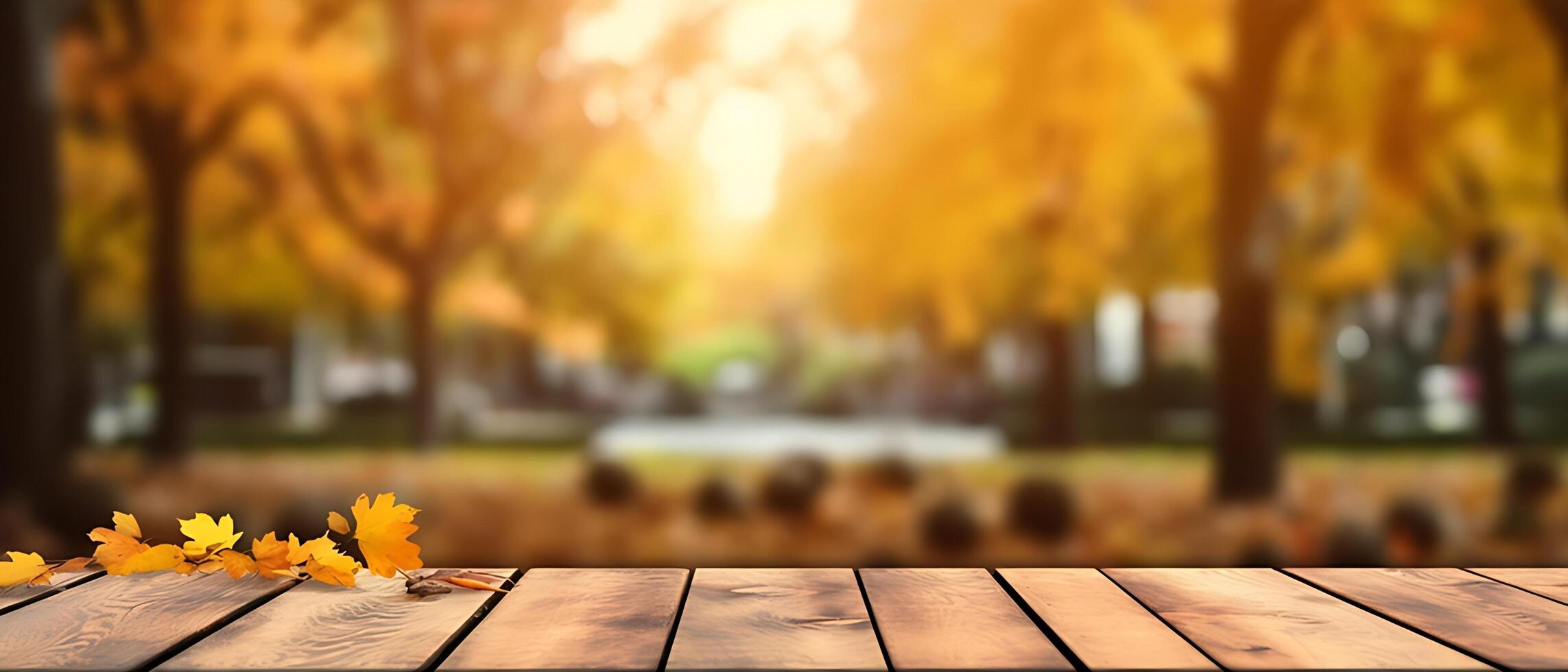 Empty Wooden table in garden of fall time. photo
