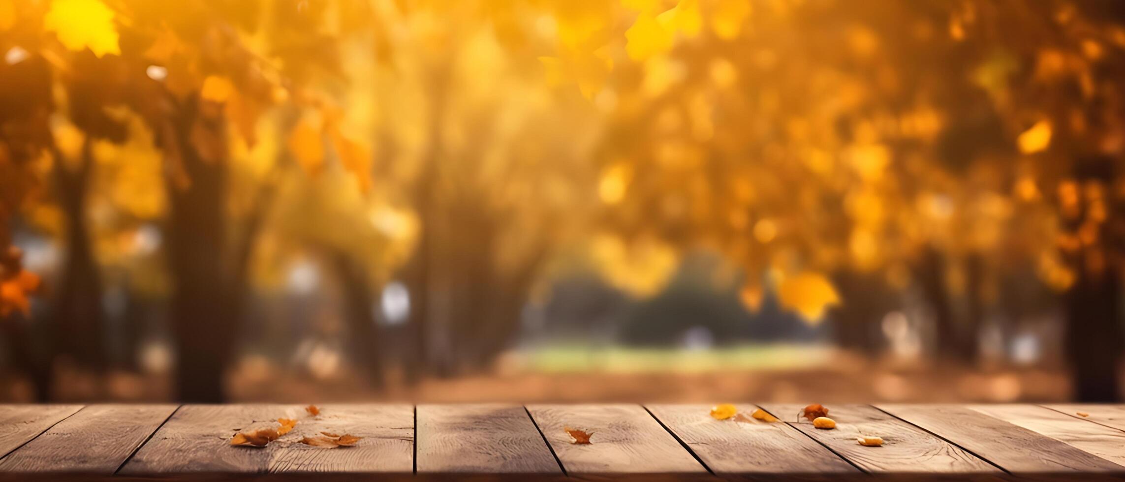Empty Wooden table in garden of fall time. photo