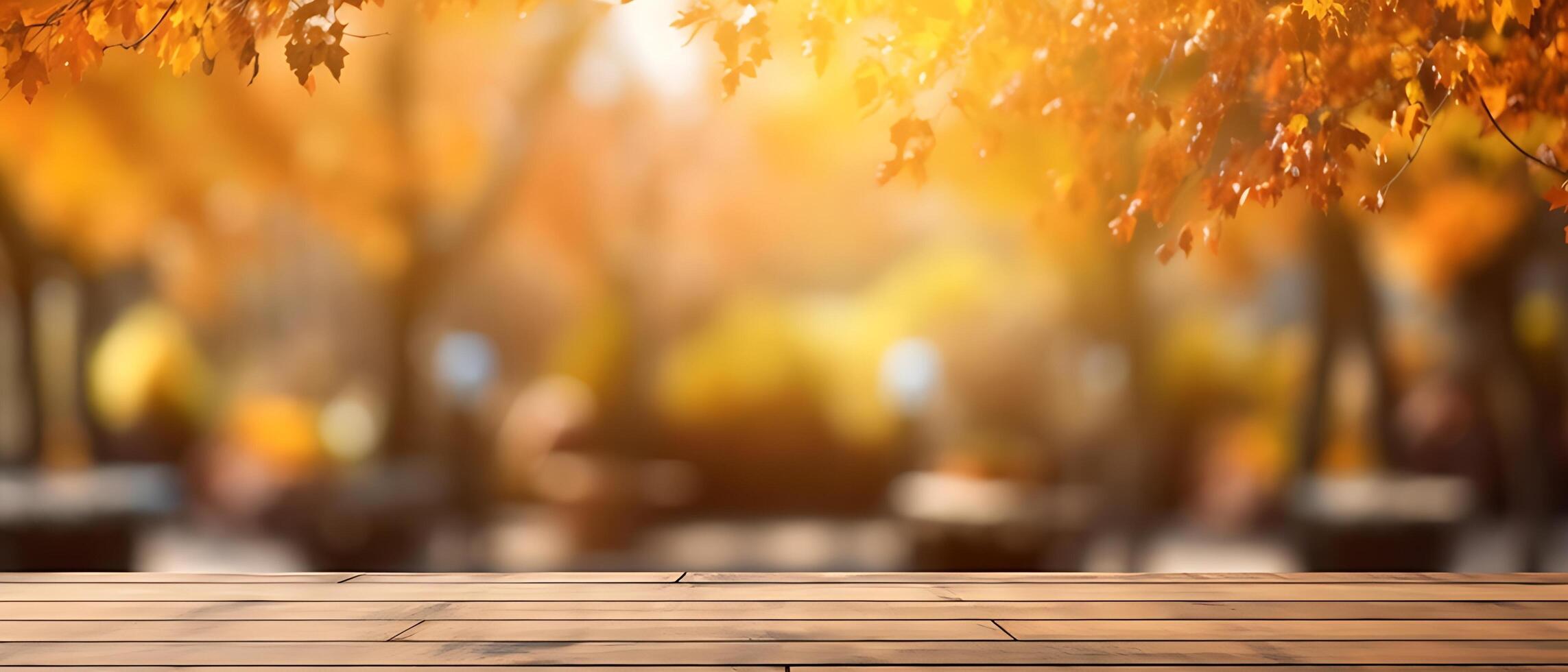 Empty Wooden table in garden of fall time. photo