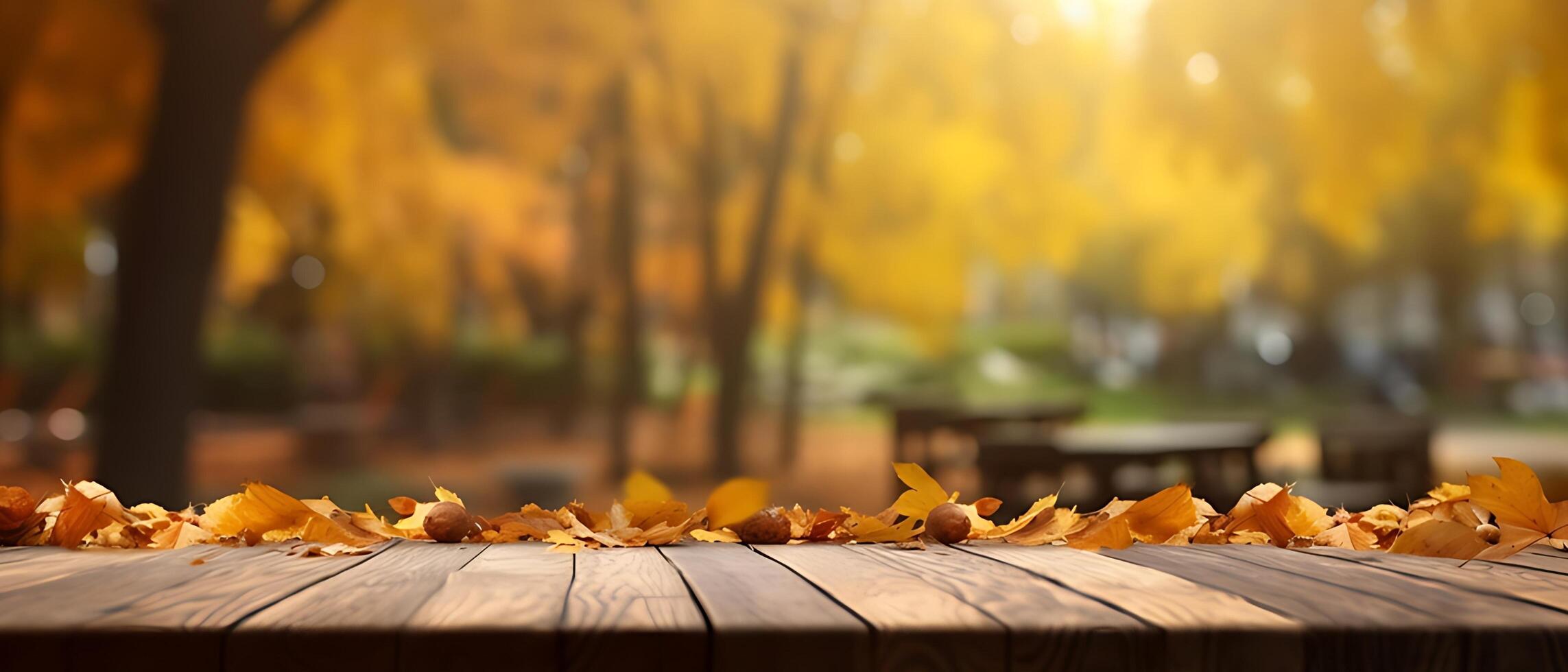 Empty Wooden table in garden of fall time. photo