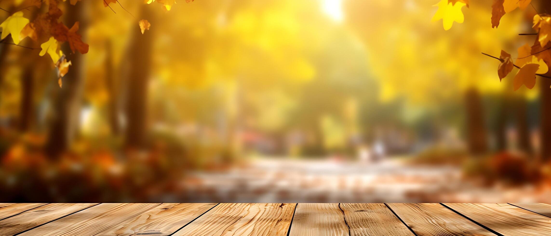 Empty Wooden table in garden of fall time. photo