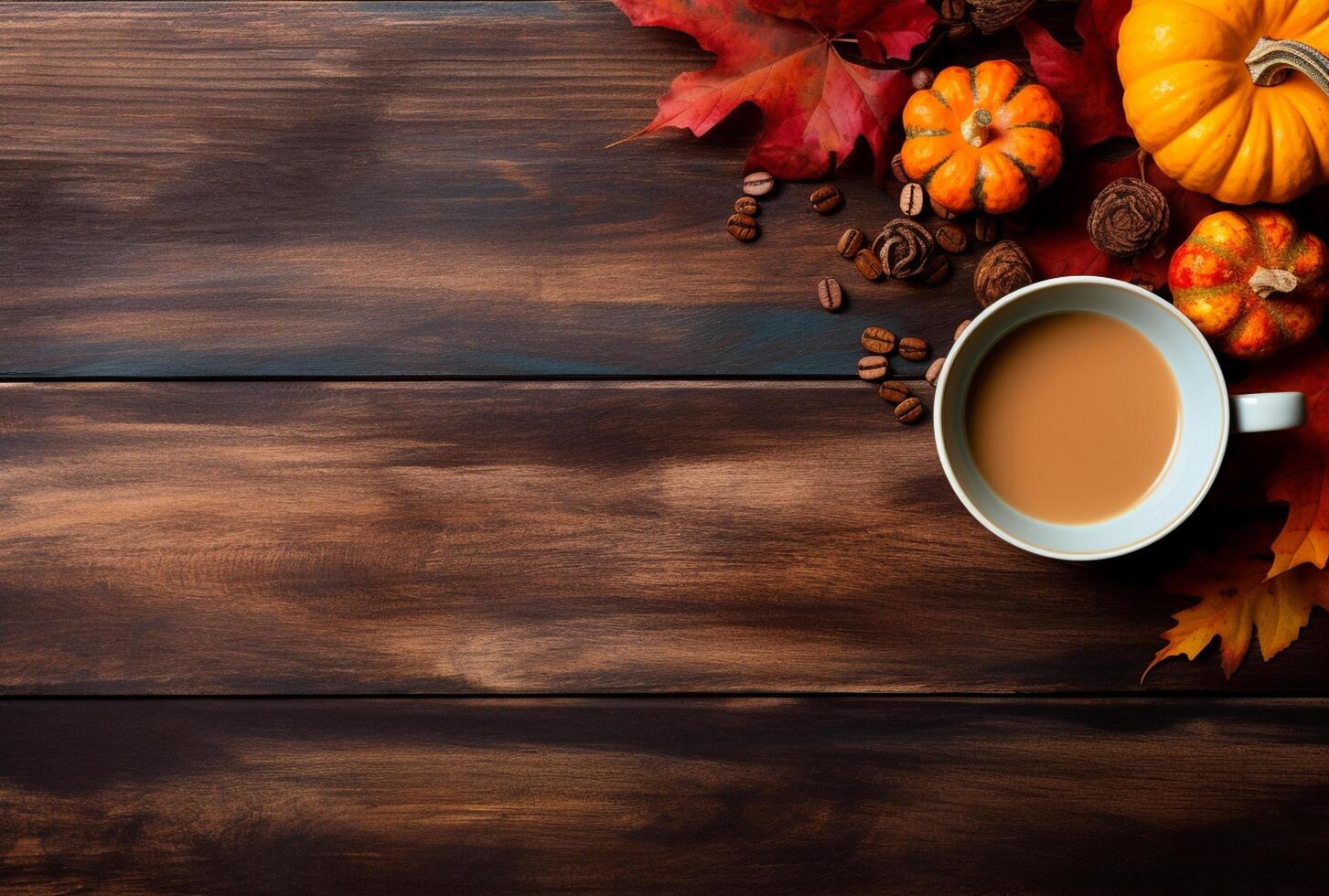 Autumn composition with pumpkins, fall leaves, coffee cup on old wooden table background. photo