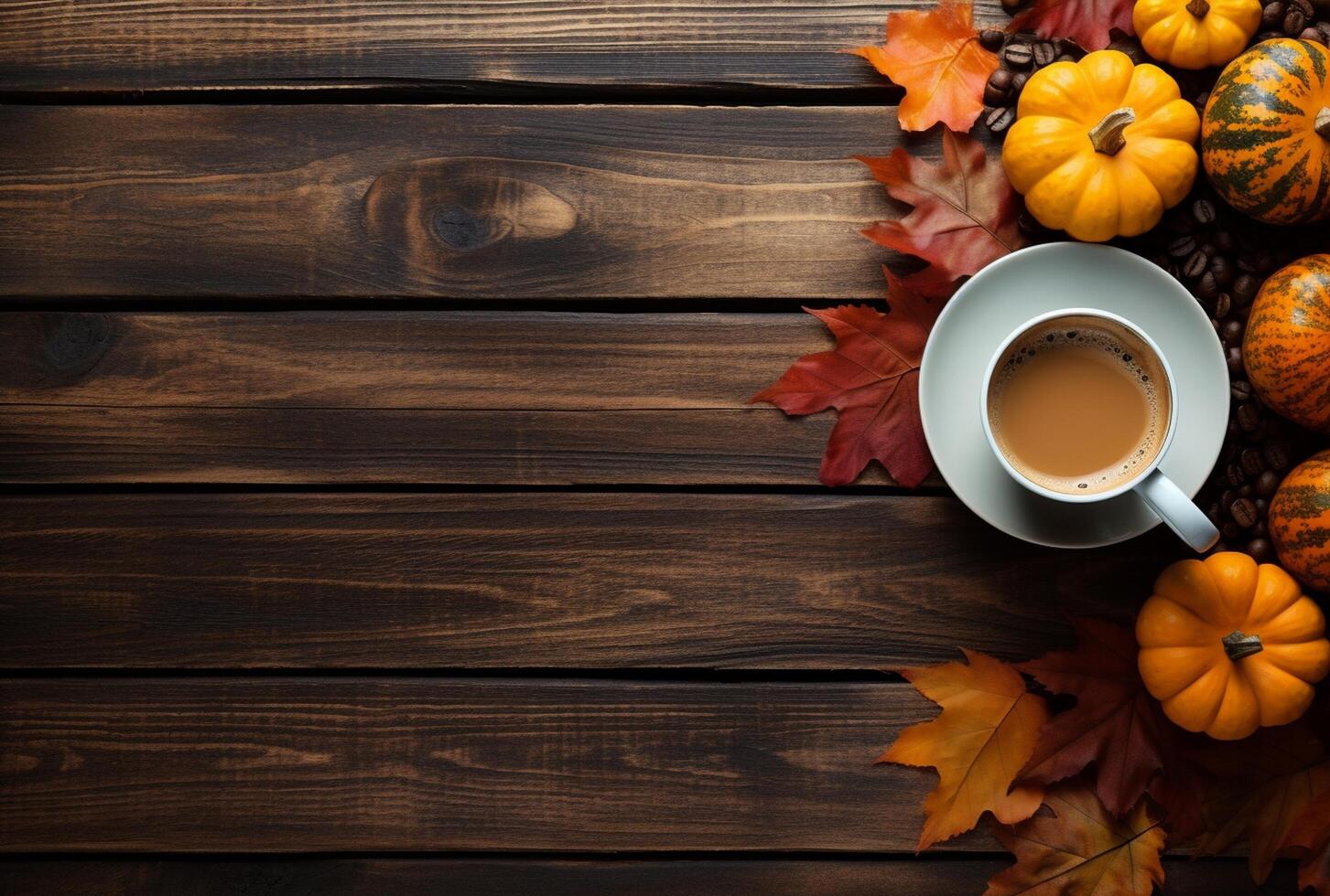 Autumn composition with pumpkins, fall leaves, coffee cup on old wooden table background. photo