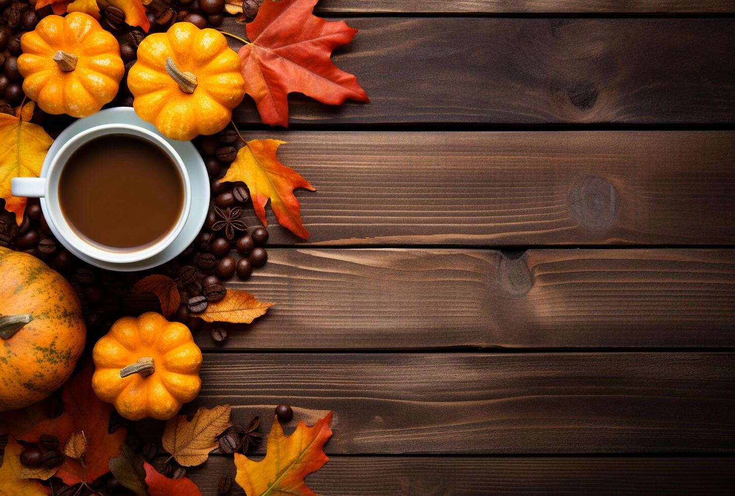 Autumn composition with pumpkins, fall leaves, coffee cup on old wooden table background. photo