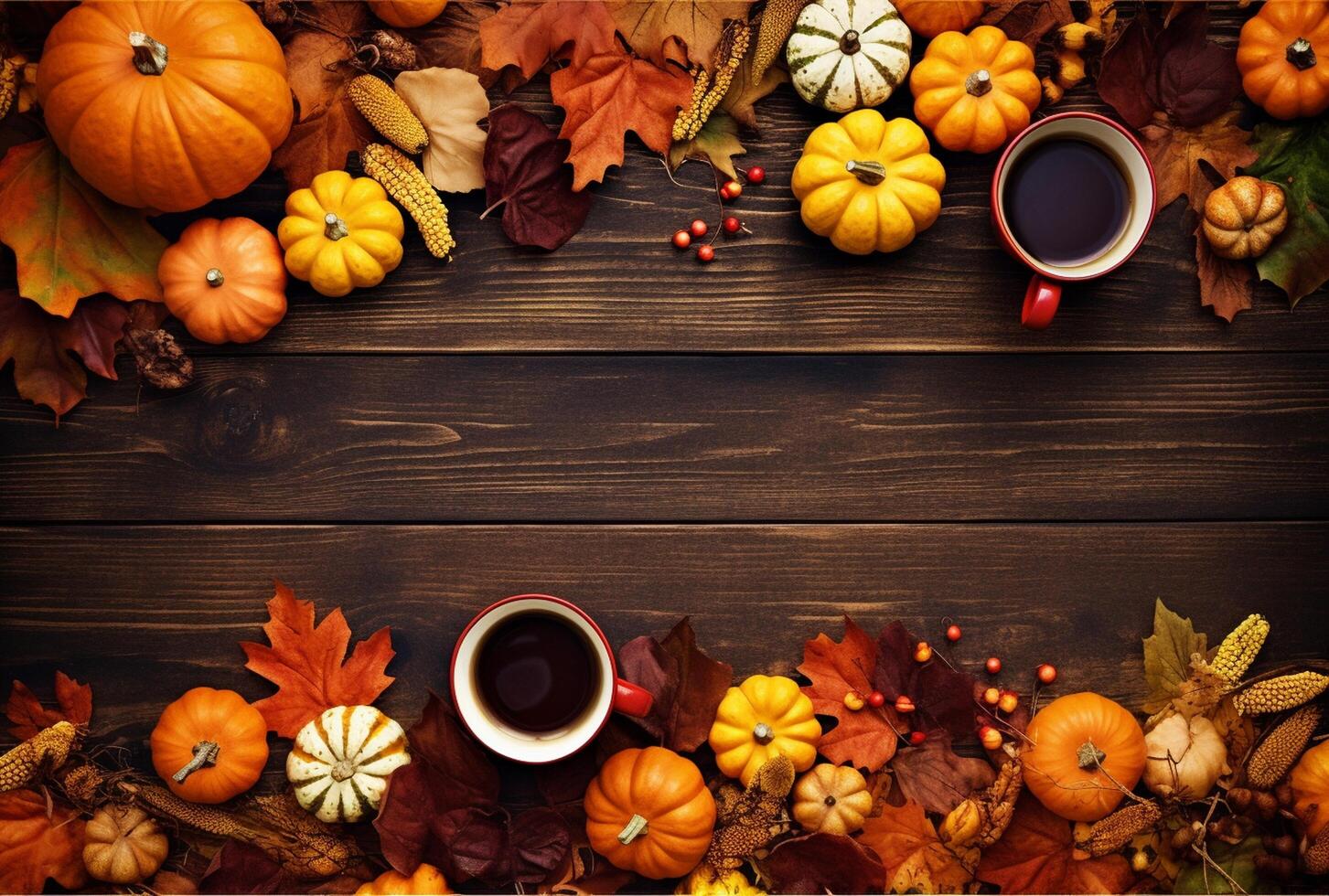 Autumn composition with pumpkins, fall leaves, coffee cup on old wooden table background. photo