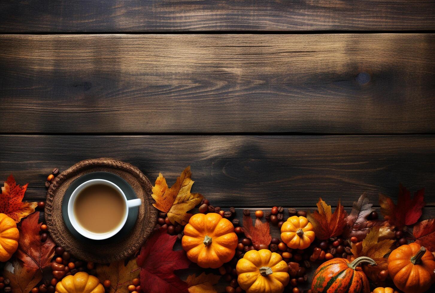 Autumn composition with pumpkins, fall leaves, coffee cup on old wooden table background. photo