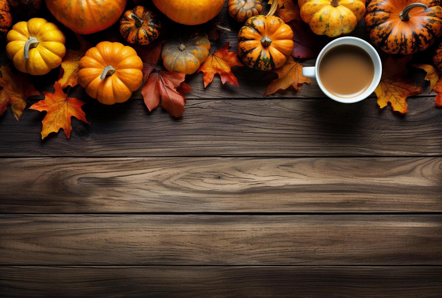 Autumn composition with pumpkins, fall leaves, coffee cup on old wooden table background. photo
