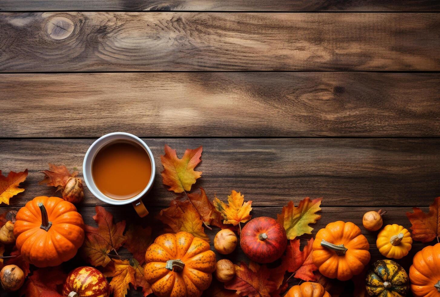 Autumn composition with pumpkins, fall leaves, coffee cup on old wooden table background. photo