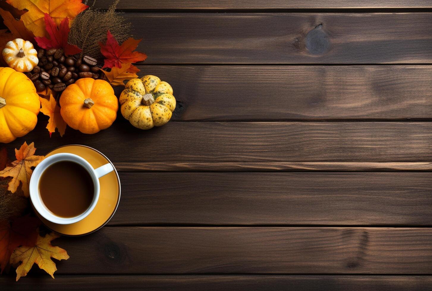 Autumn composition with pumpkins, fall leaves, coffee cup on old wooden table background. photo