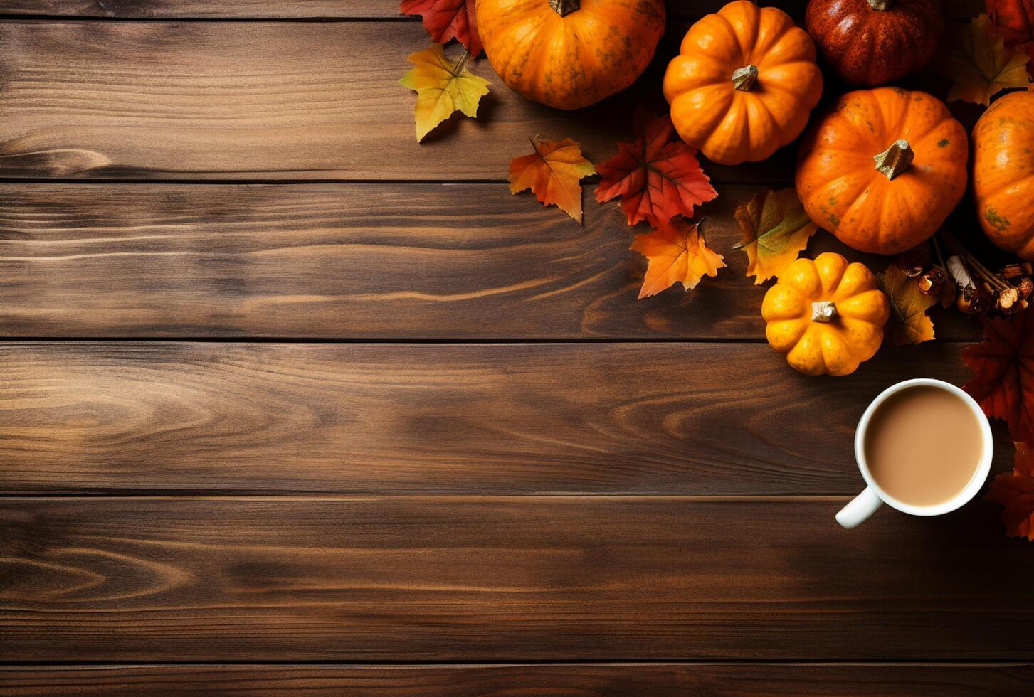 Autumn composition with pumpkins, fall leaves, coffee cup on old wooden table background. photo