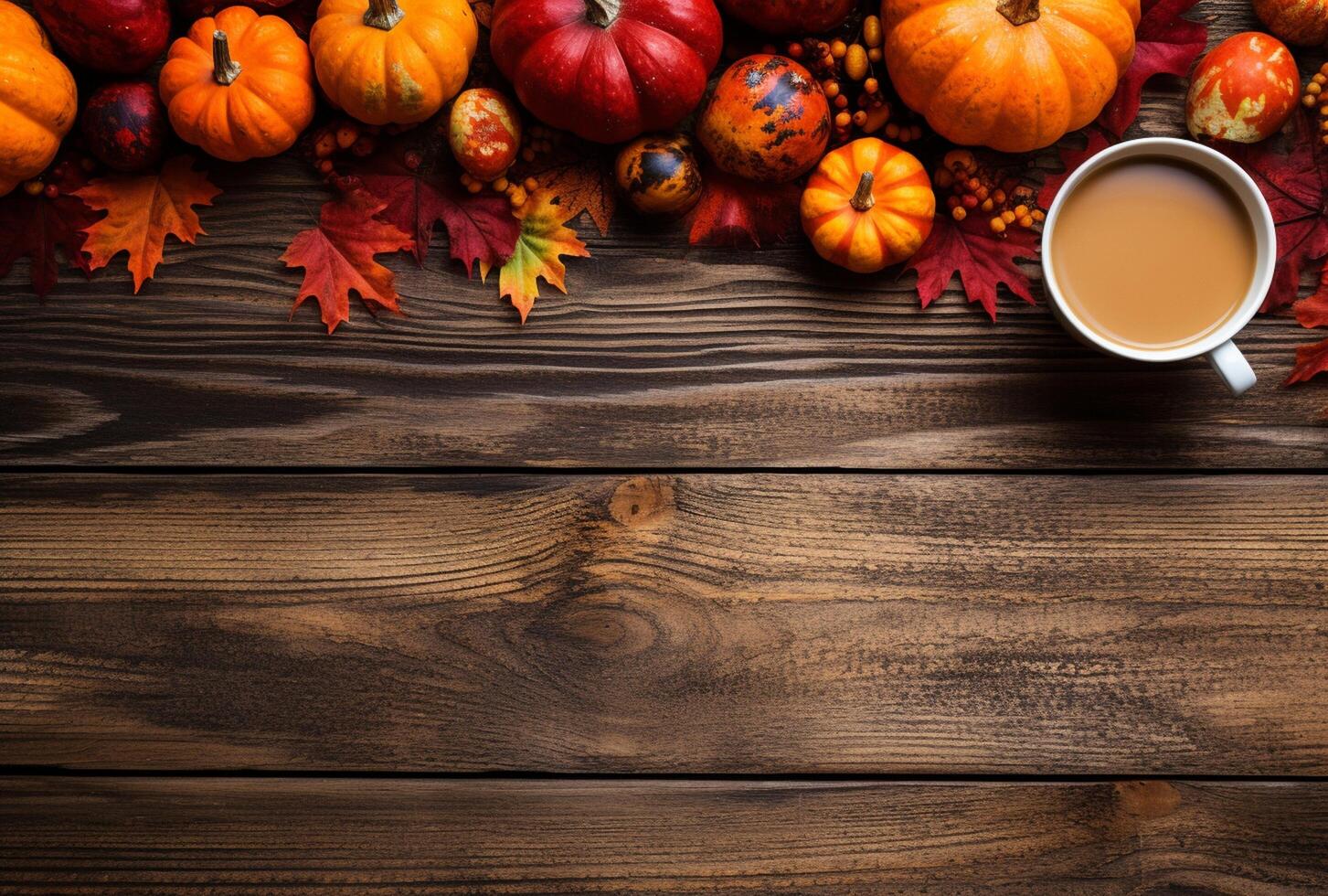 Autumn composition with pumpkins, fall leaves, coffee cup on old wooden table background. photo
