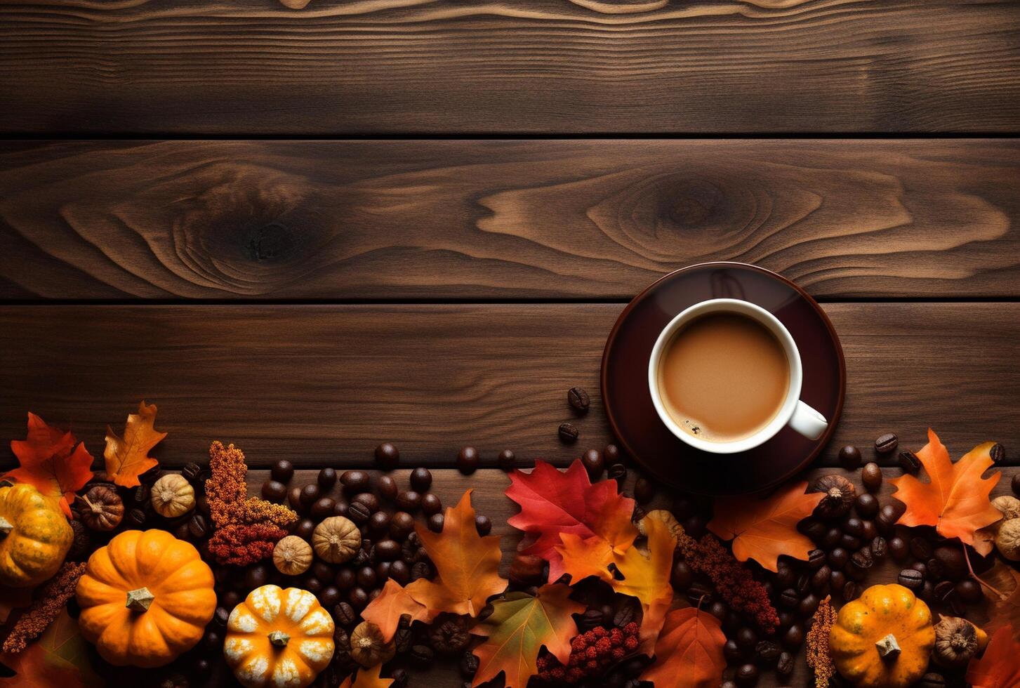 Autumn composition with pumpkins, fall leaves, coffee cup on old wooden table background. photo