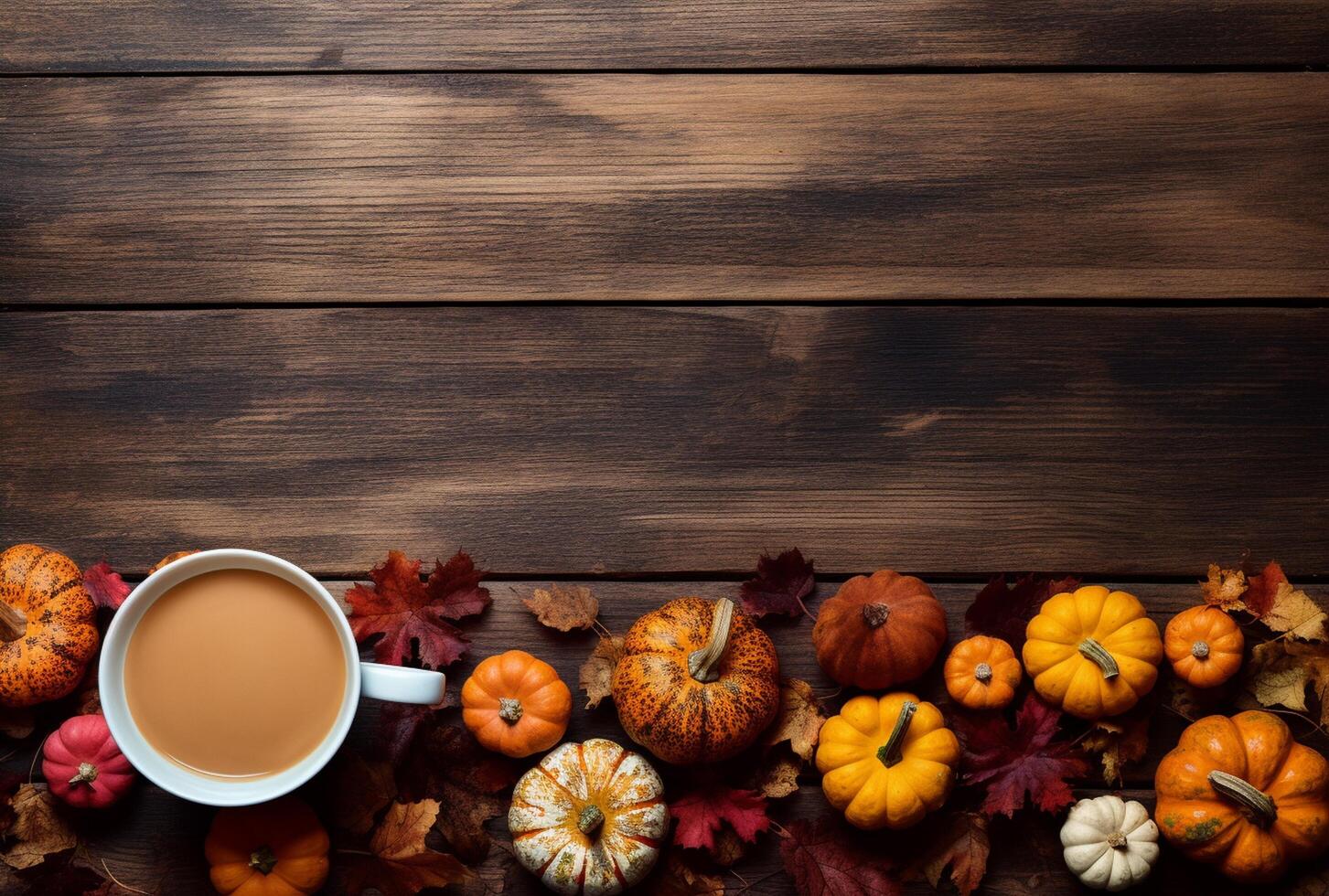 Autumn composition with pumpkins, fall leaves, coffee cup on old wooden table background. photo
