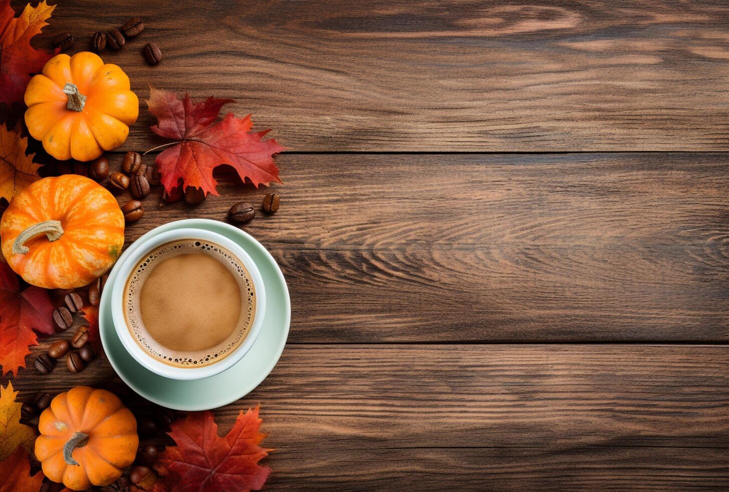 Autumn composition with pumpkins, fall leaves, coffee cup on old wooden table background. photo