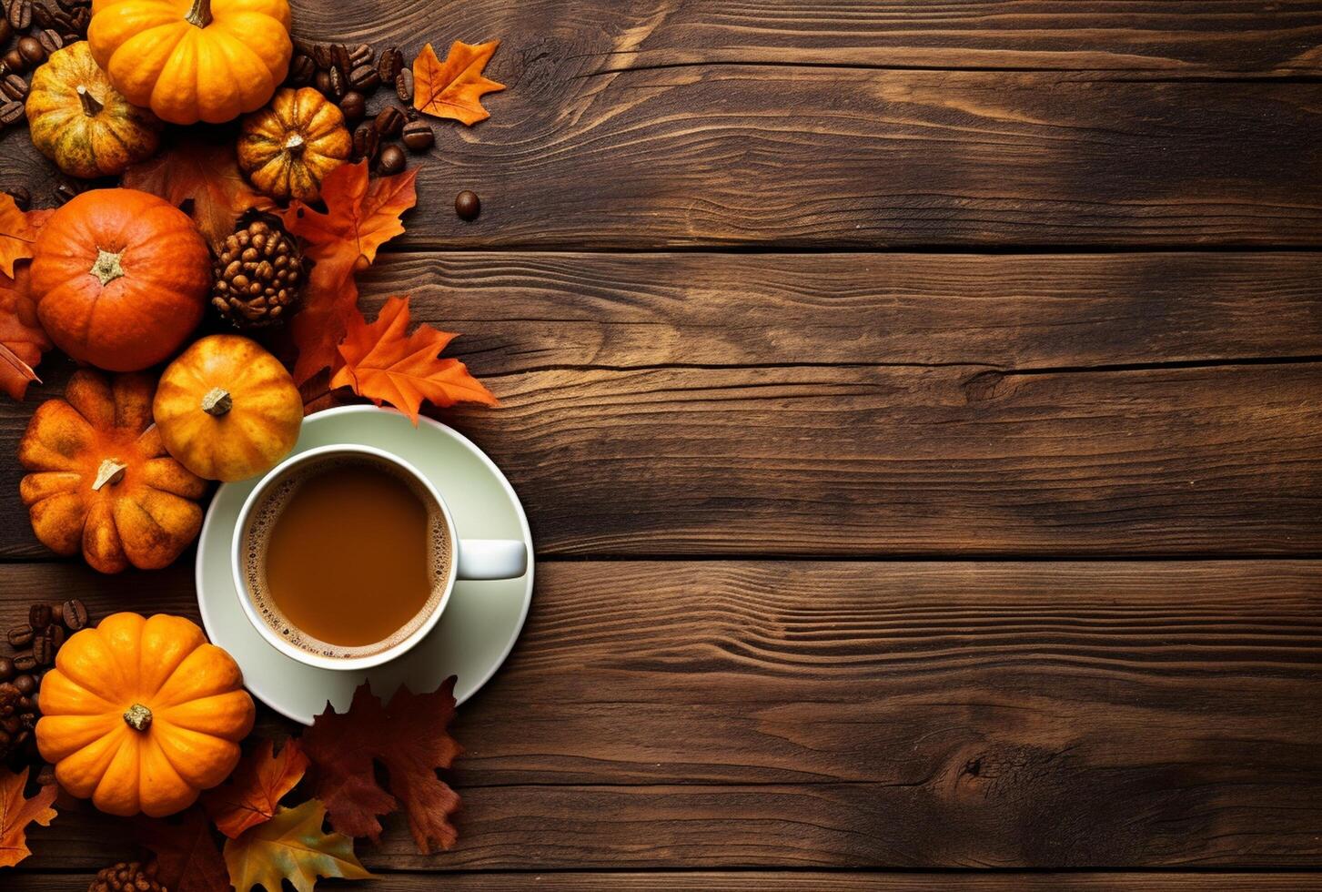 Autumn composition with pumpkins, fall leaves, coffee cup on old wooden table background. photo