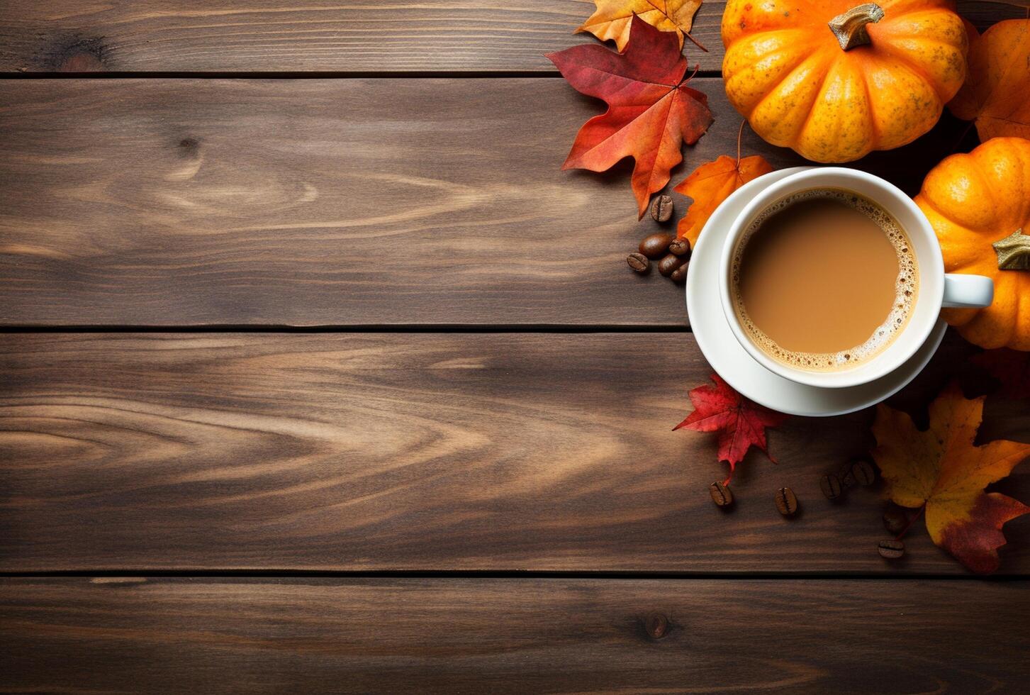 Autumn composition with pumpkins, fall leaves, coffee cup on old wooden table background. photo