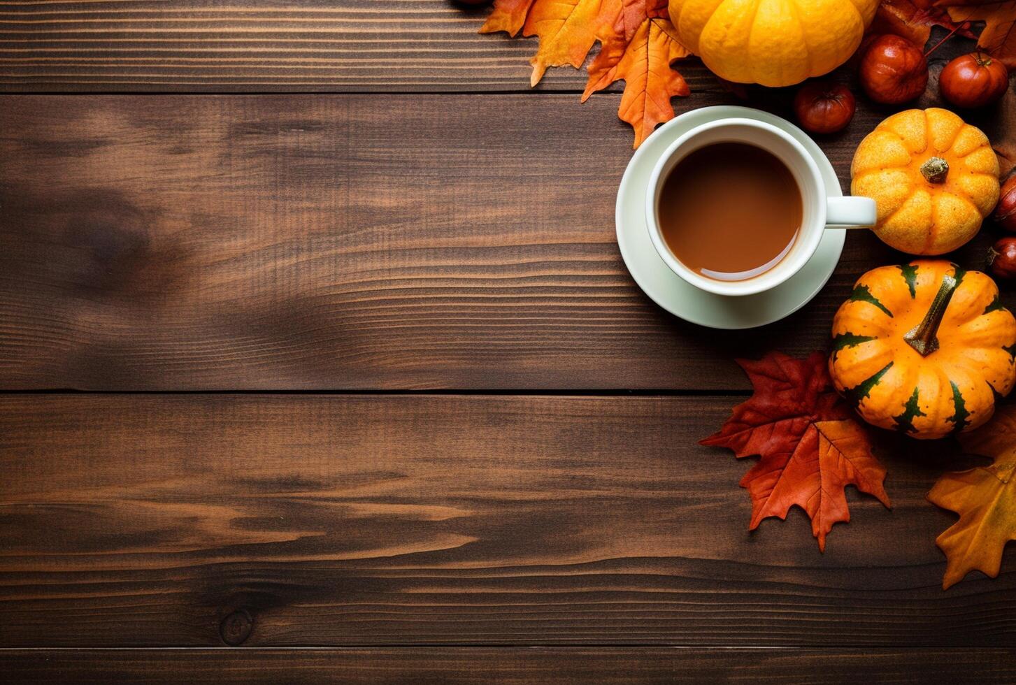 Autumn composition with pumpkins, fall leaves, coffee cup on old wooden table background. photo