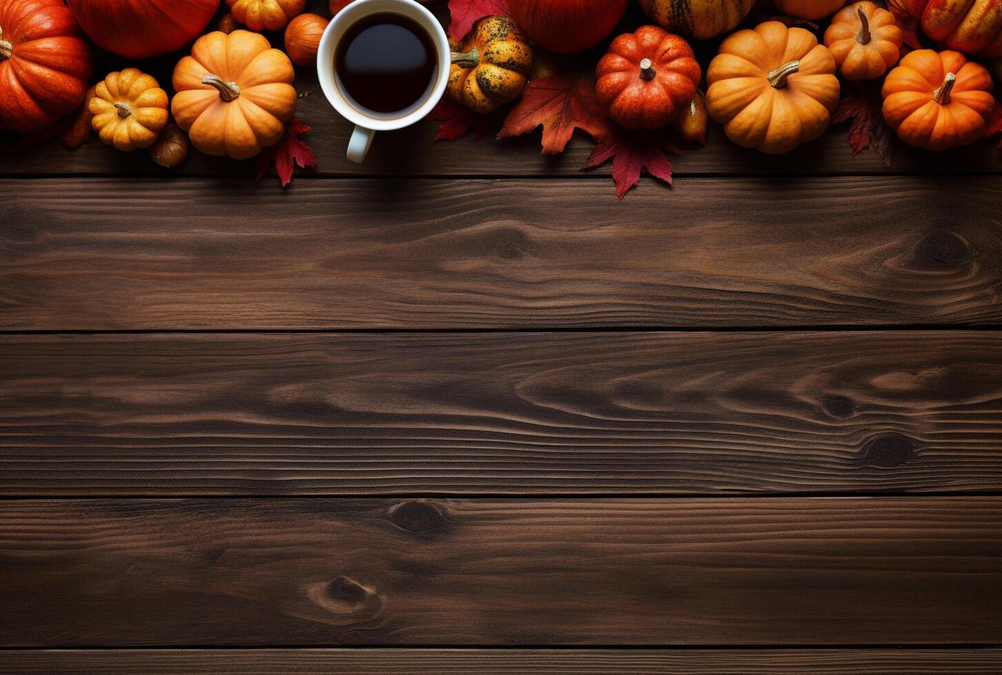 Autumn composition with pumpkins, fall leaves, coffee cup on old wooden table background. photo