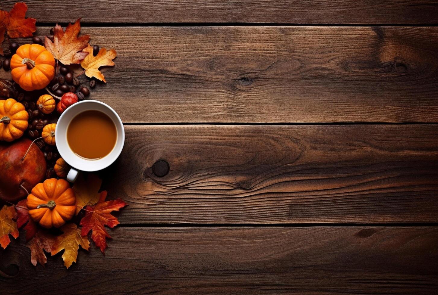 Autumn composition with pumpkins, fall leaves, coffee cup on old wooden table background. photo