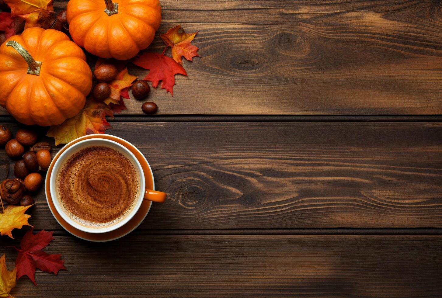 Autumn composition with pumpkins, fall leaves, coffee cup on old wooden table background. photo