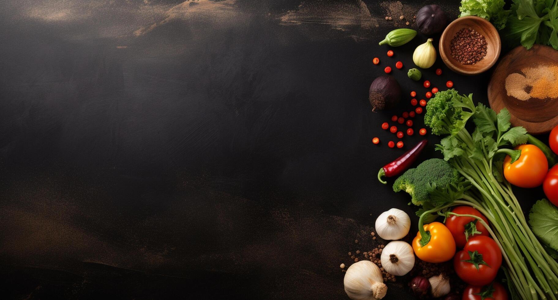 Vegetables set and spices for cooking on dark background. photo