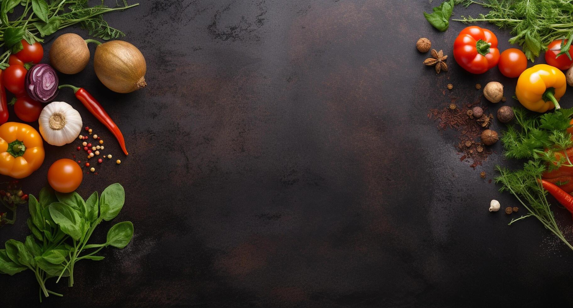 Vegetables set and spices for cooking on dark background. photo