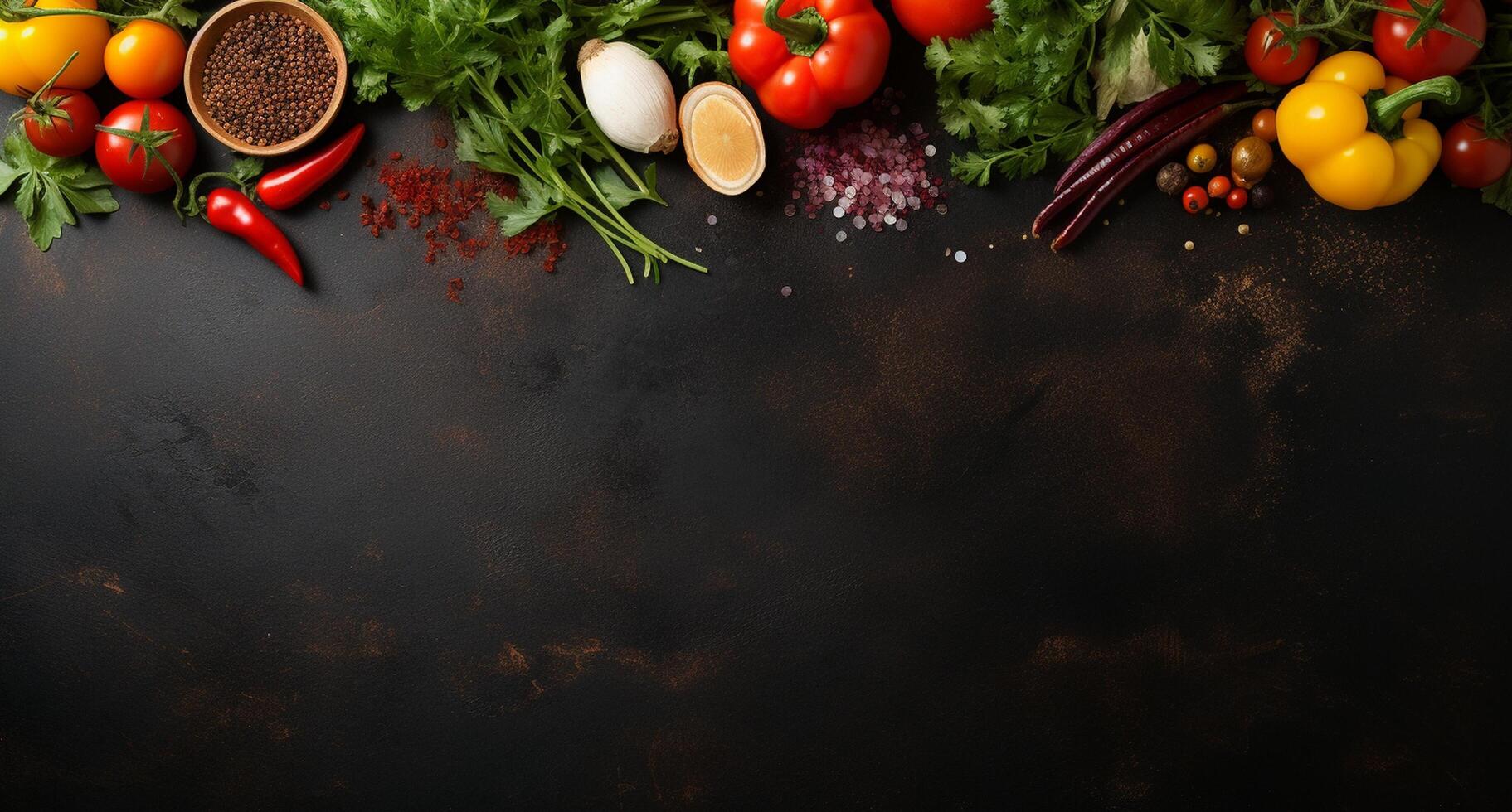 Vegetables set and spices for cooking on dark background. photo