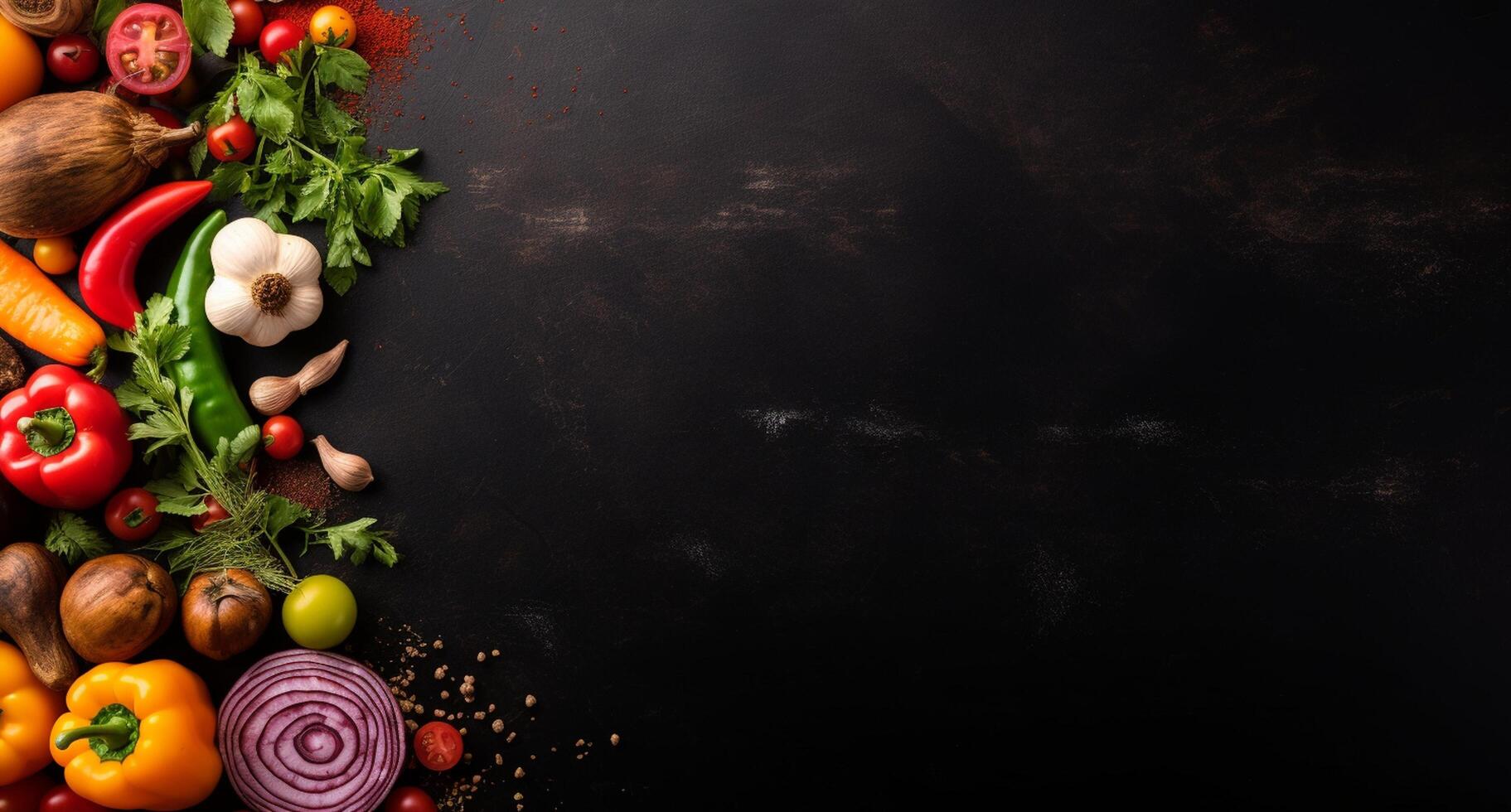 Vegetables set and spices for cooking on dark background. photo