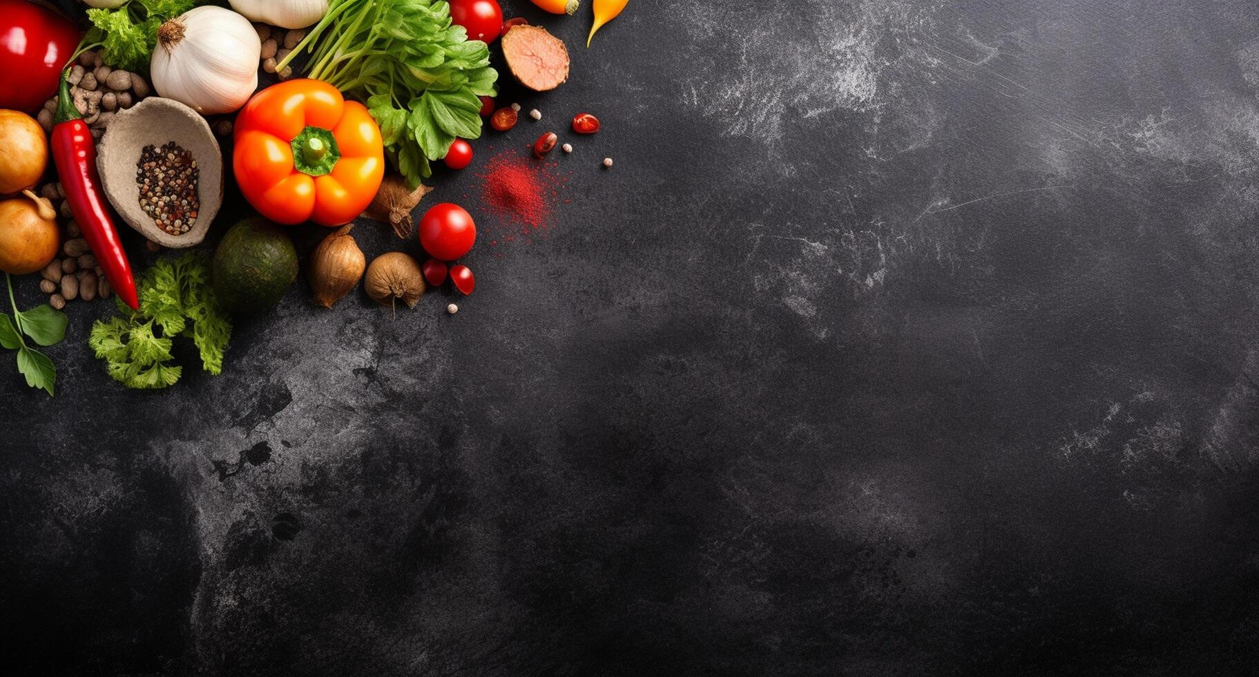 Vegetables set and spices for cooking on dark background. photo