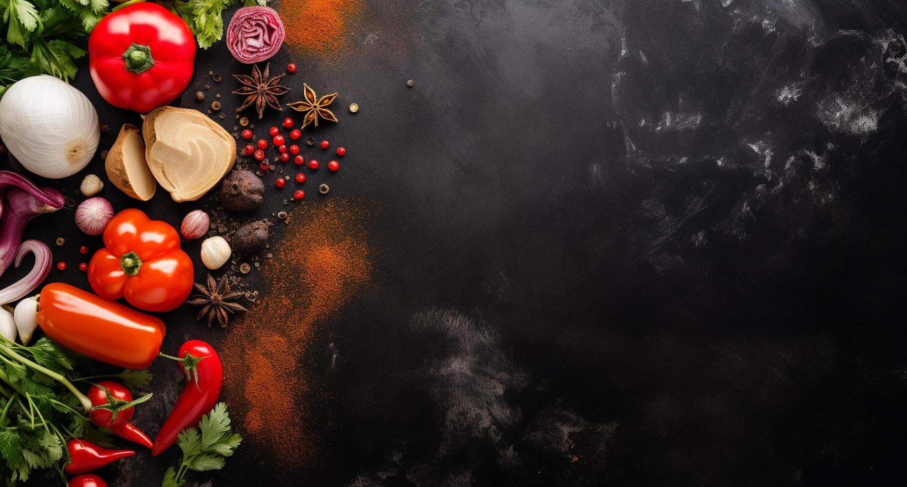 Vegetables set and spices for cooking on dark background. photo
