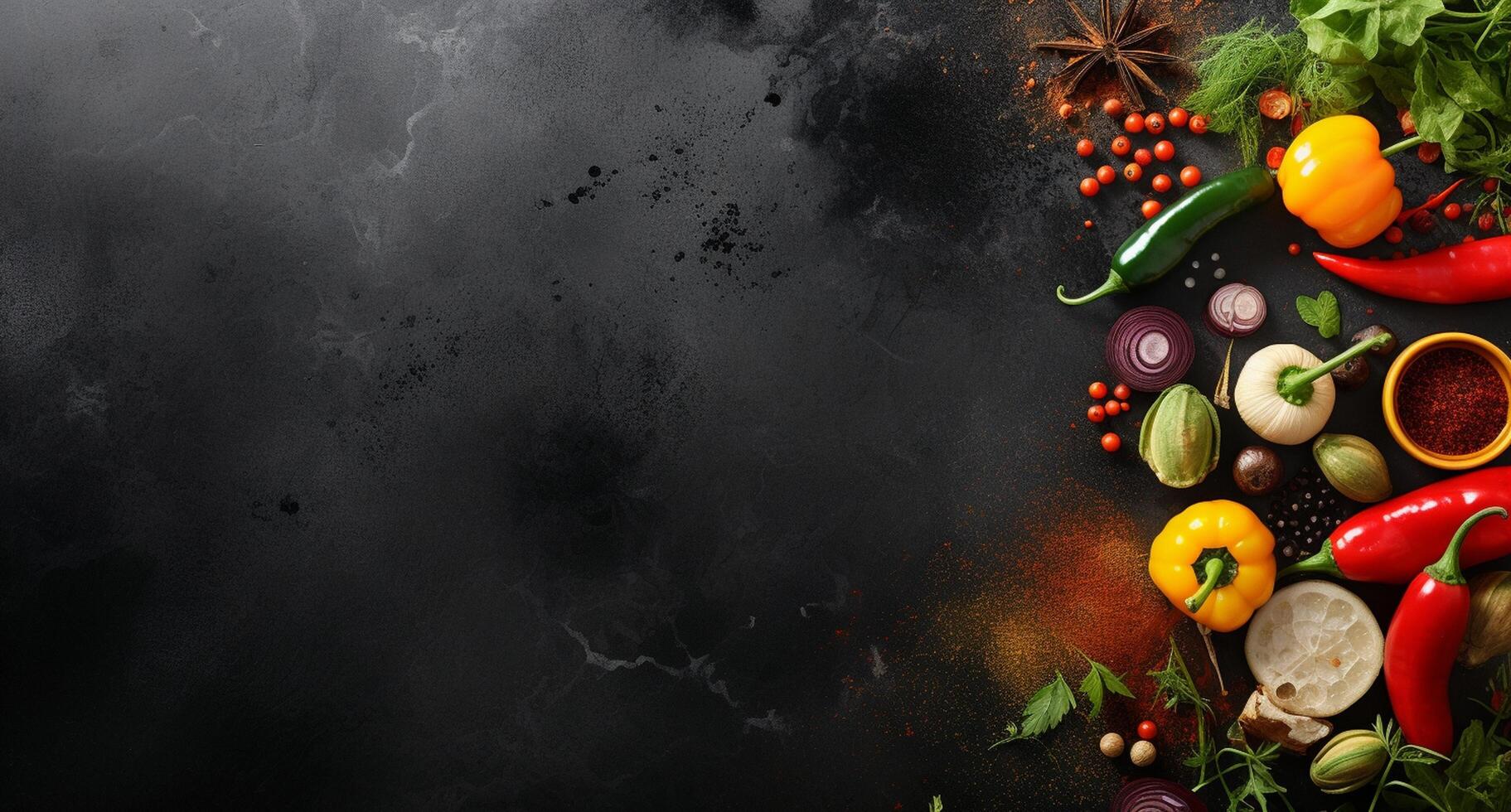 Vegetables set and spices for cooking on dark background. photo