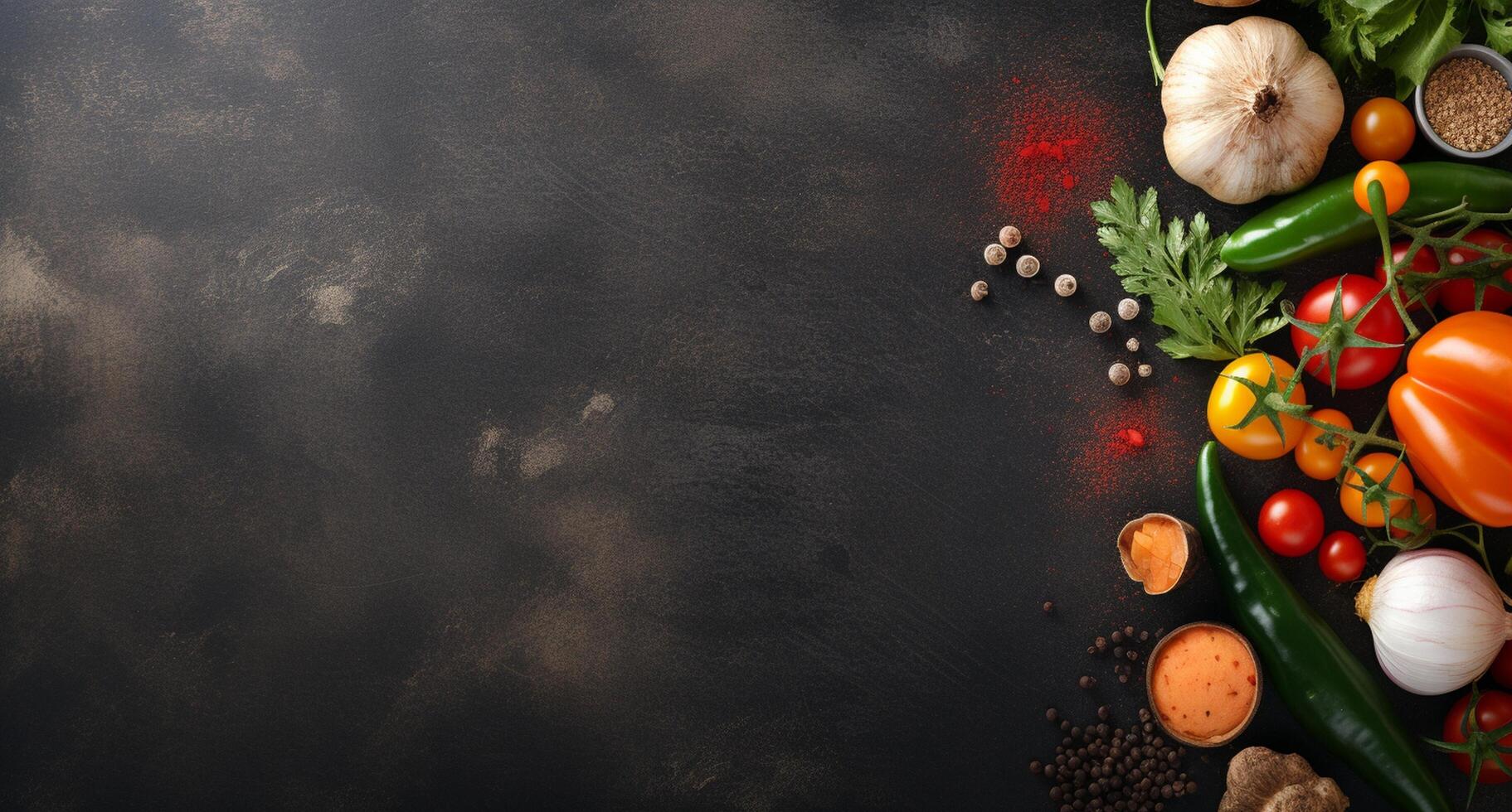 Vegetables set and spices for cooking on dark background. photo