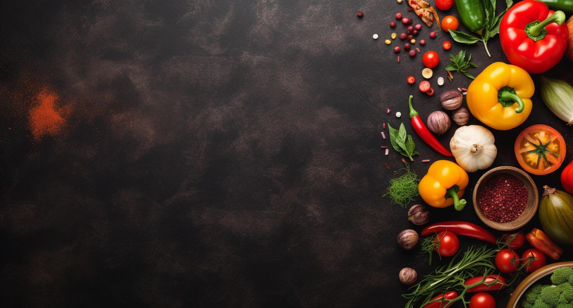 Vegetables set and spices for cooking on dark background. photo