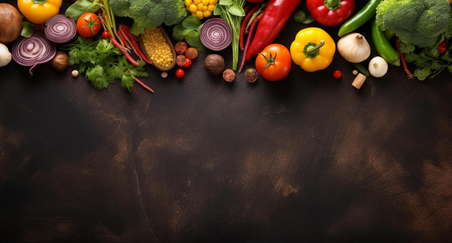 Vegetables set and spices for cooking on dark background. photo