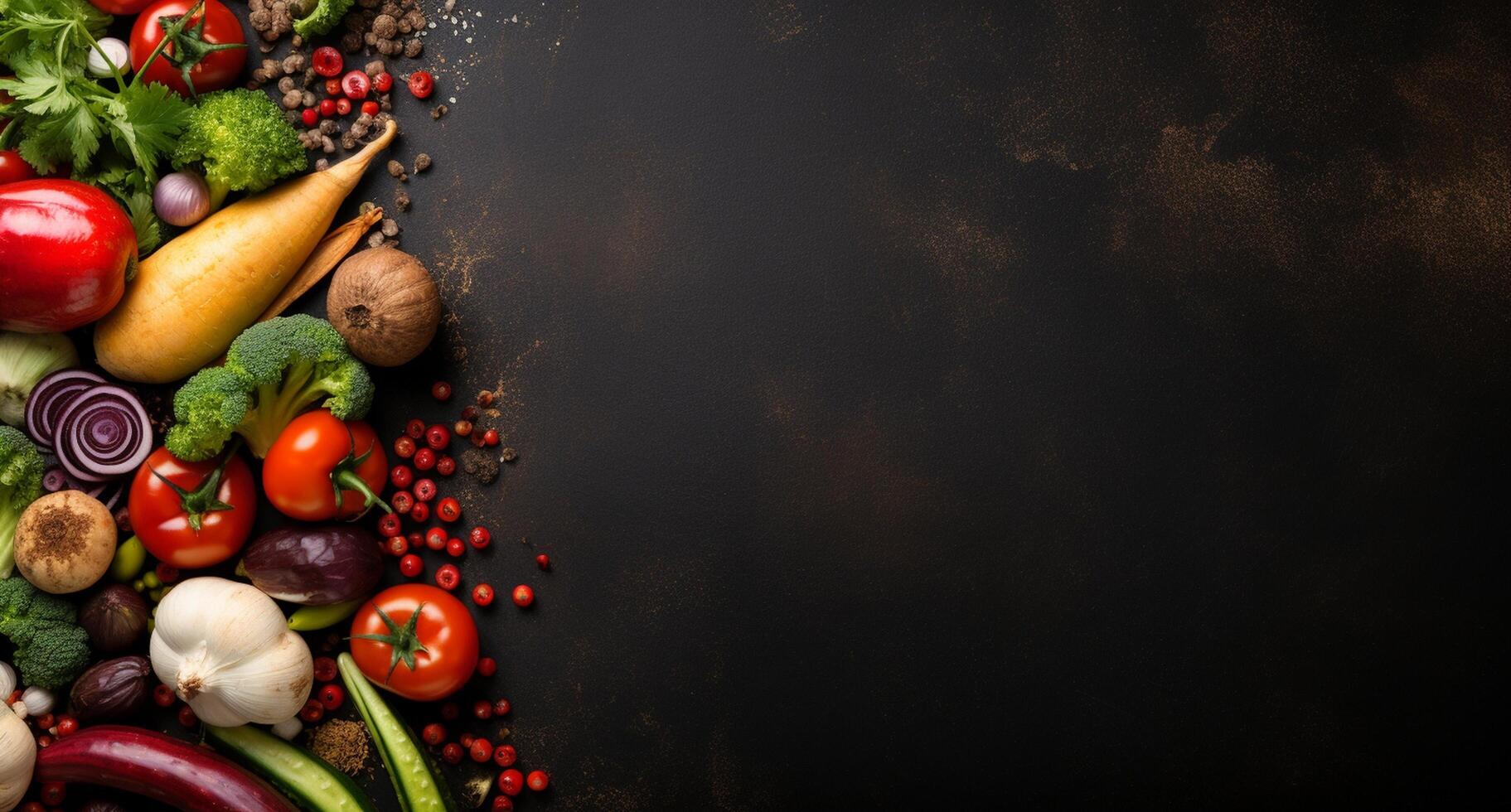 Vegetables set and spices for cooking on dark background. photo