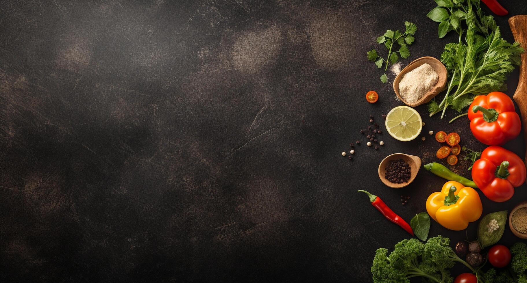 Vegetables set and spices for cooking on dark background. photo