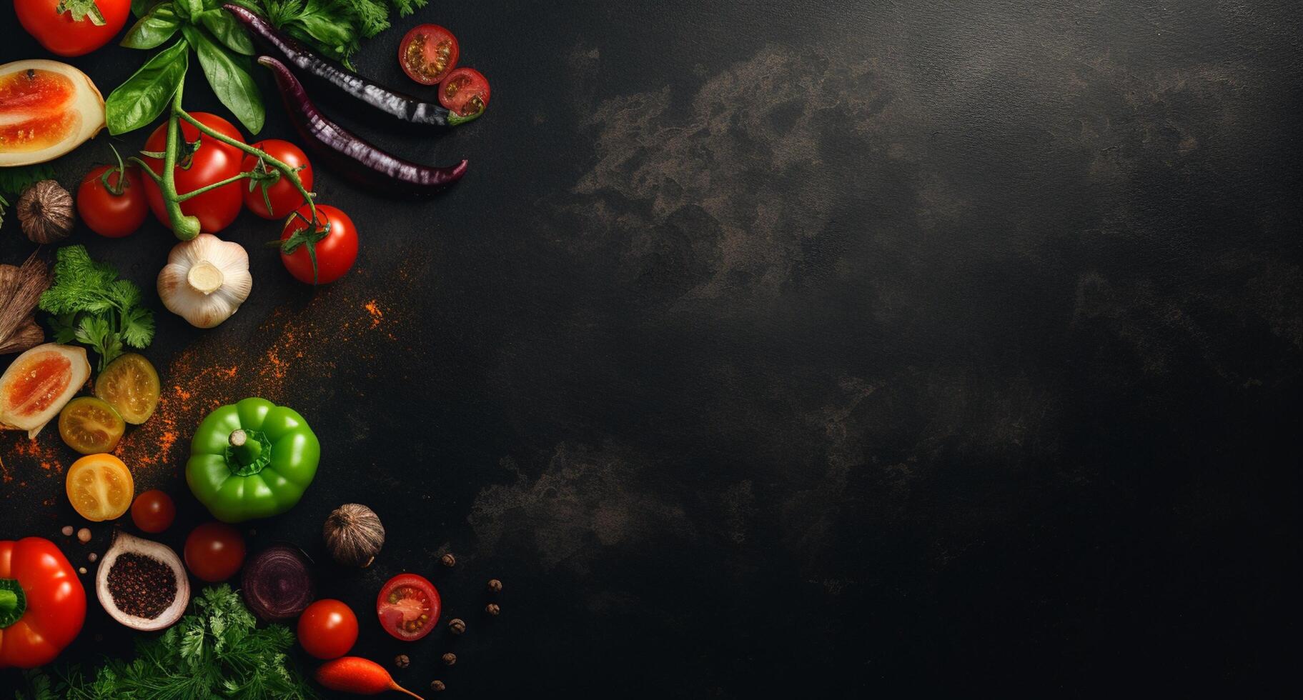 Vegetables set and spices for cooking on dark background. photo