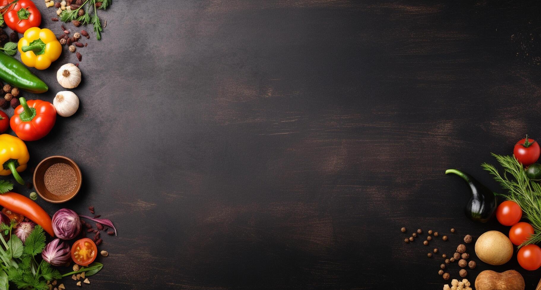 Vegetables set and spices for cooking on dark background. photo