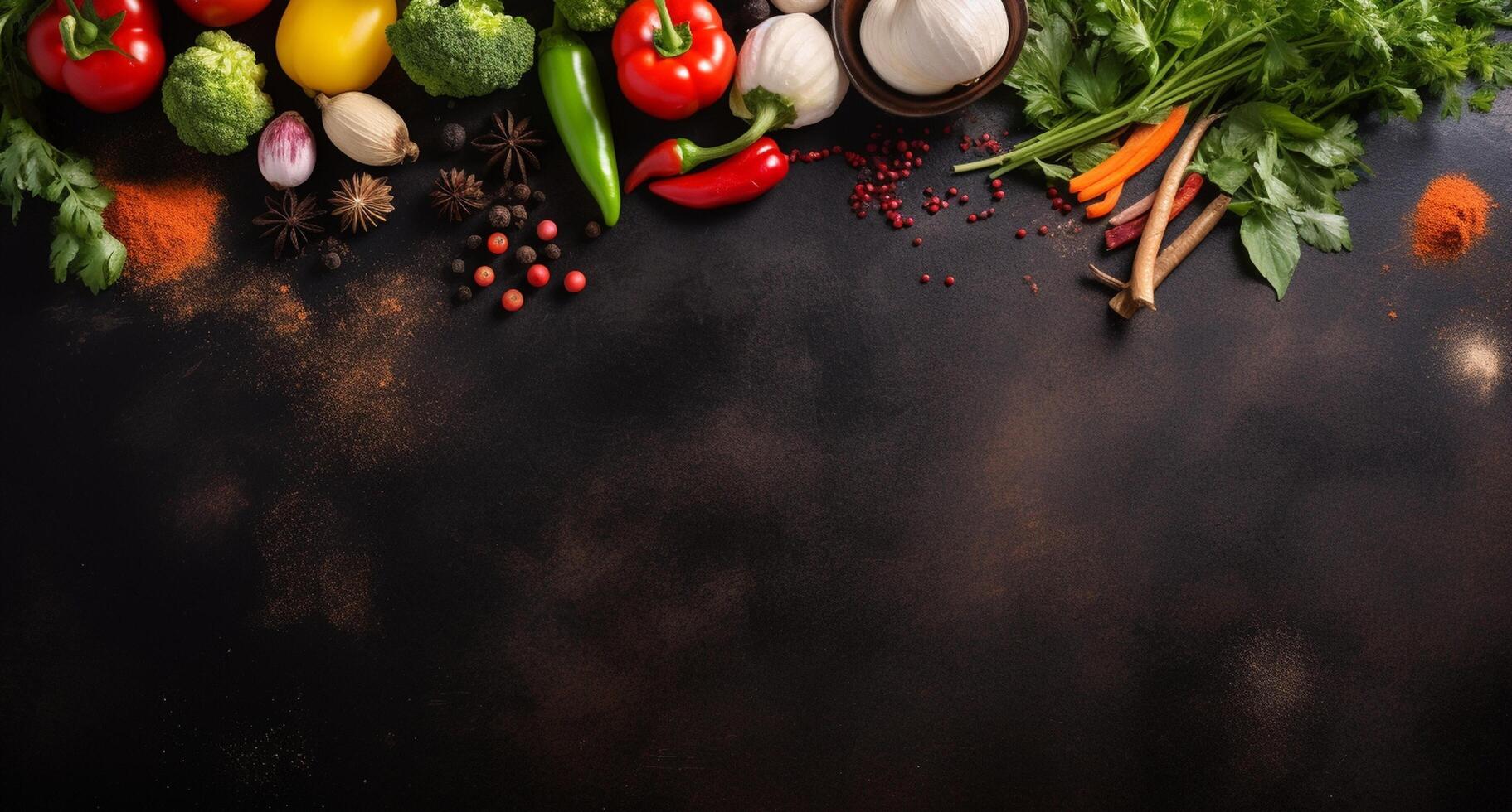Vegetables set and spices for cooking on dark background. photo