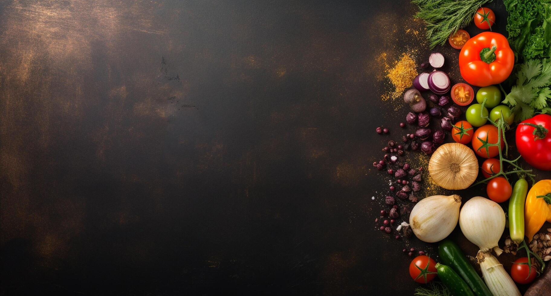 Vegetables set and spices for cooking on dark background. photo