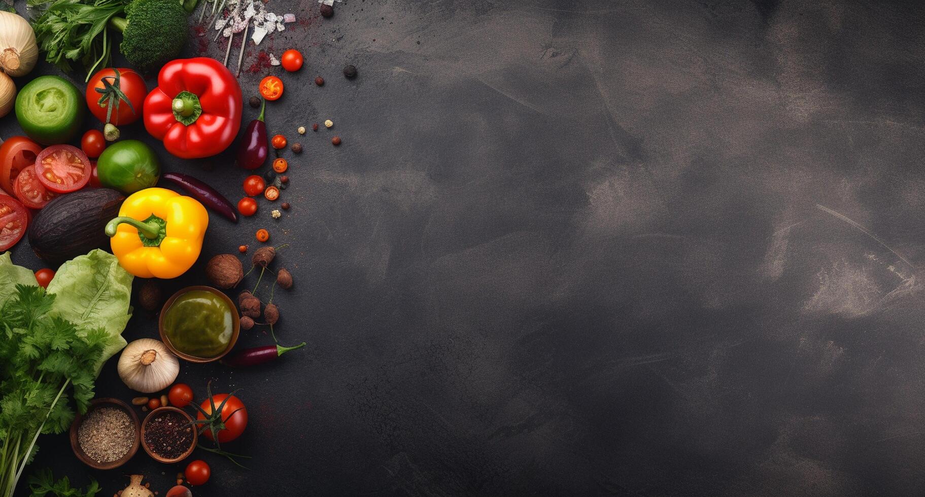Vegetables set and spices for cooking on dark background. photo