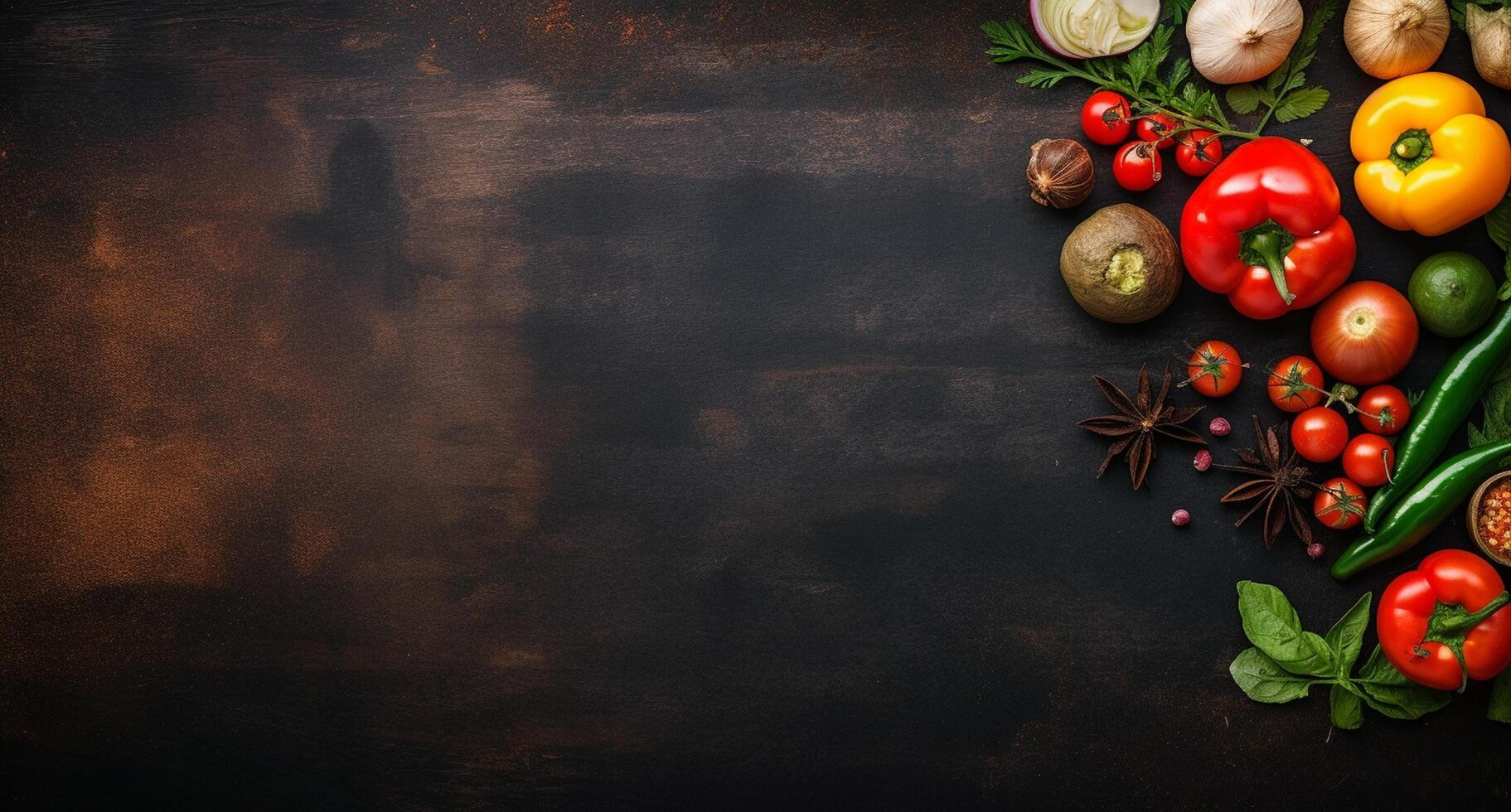 Vegetables set and spices for cooking on dark background. photo