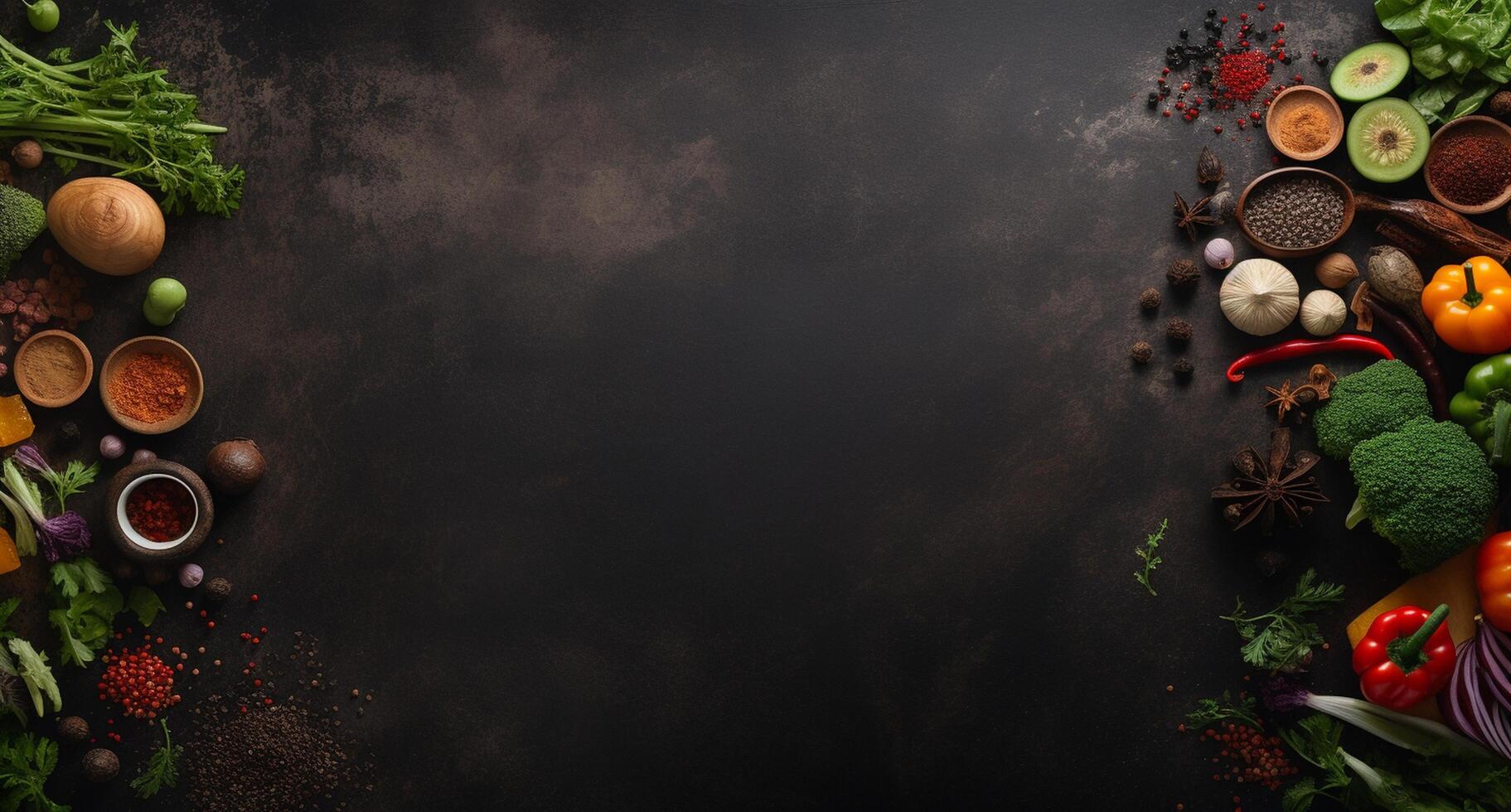 Vegetables set and spices for cooking on dark background. photo