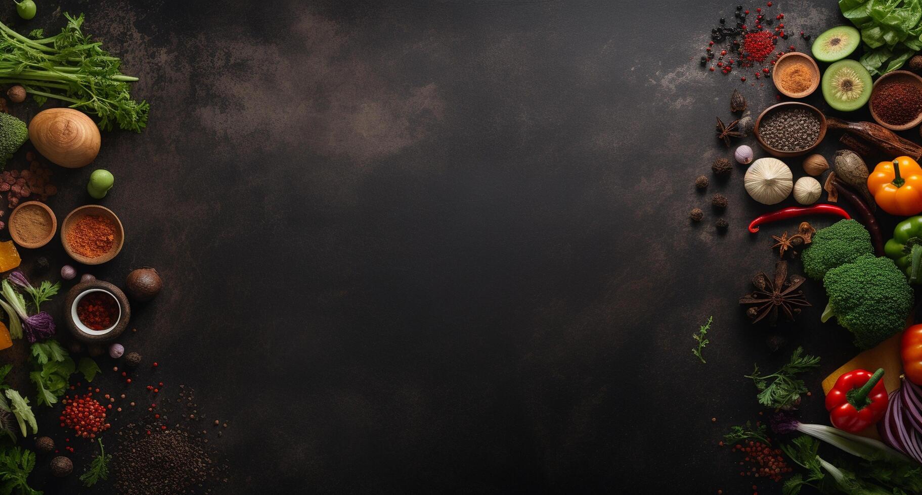 vegetales conjunto y especias para Cocinando en oscuro antecedentes. ai generado foto